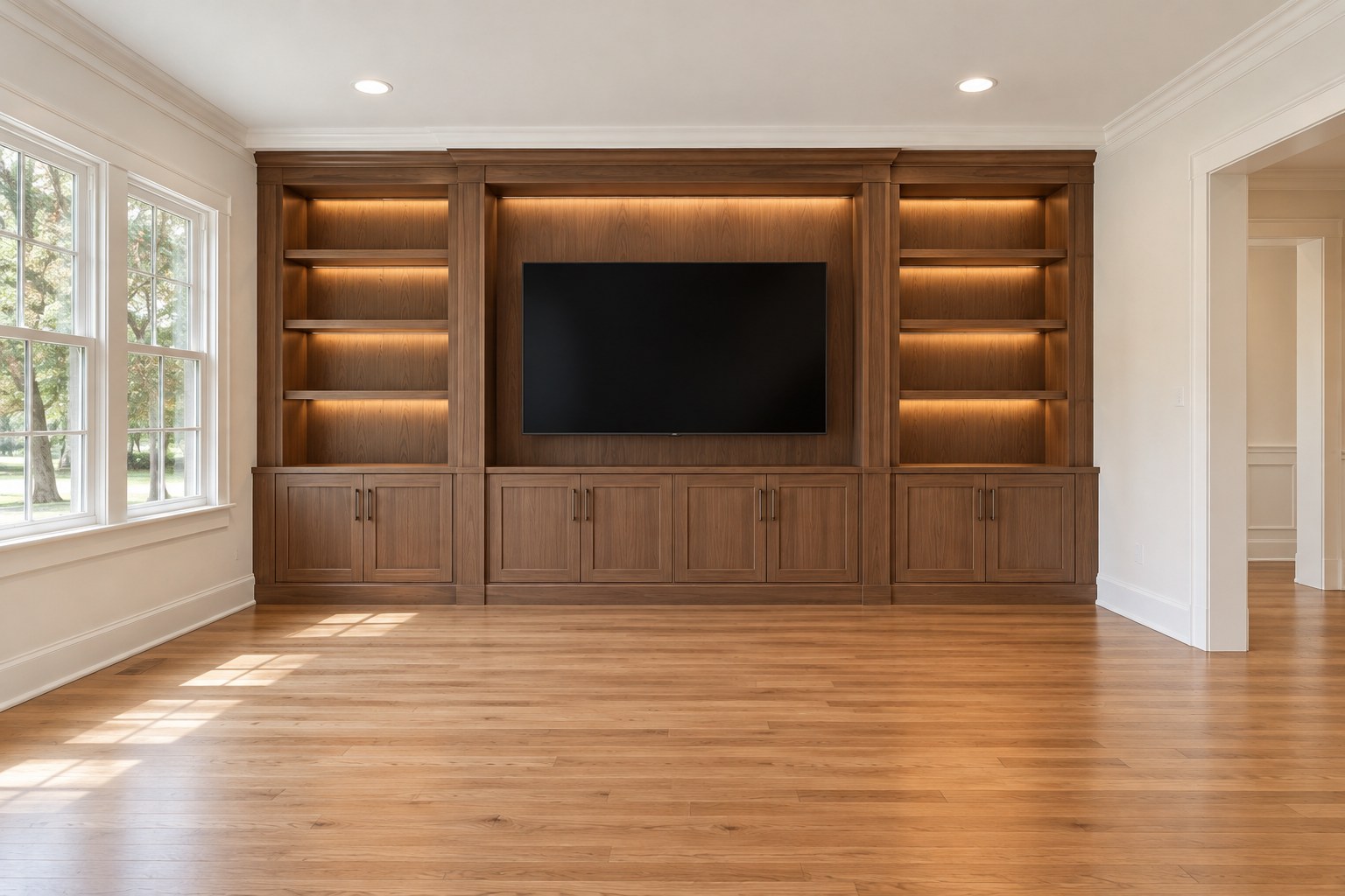 Custom entertainment wall design concept with warm wood cabinetry and empty shelves