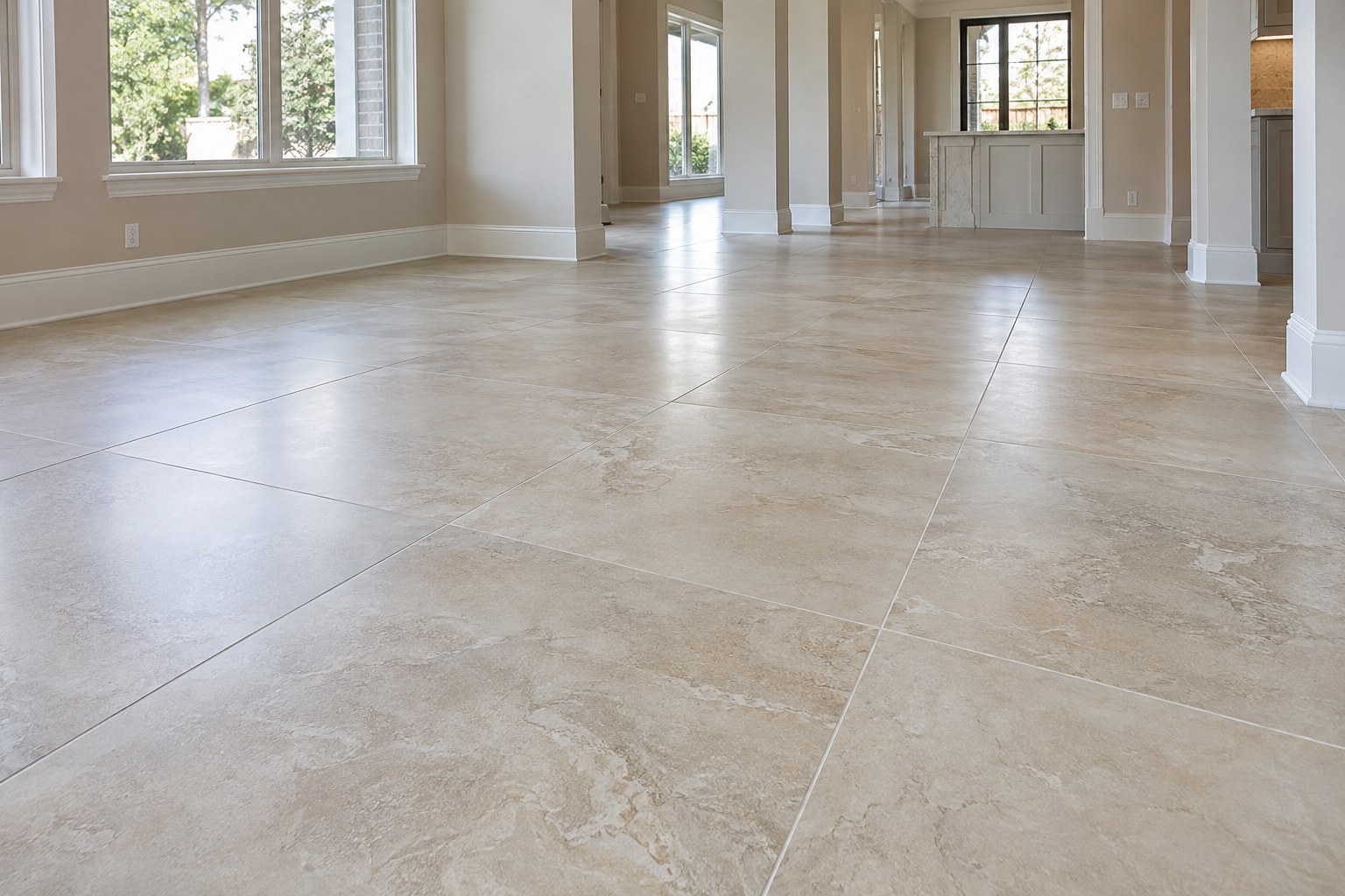 Large-format stone-look porcelain tile flooring design concept