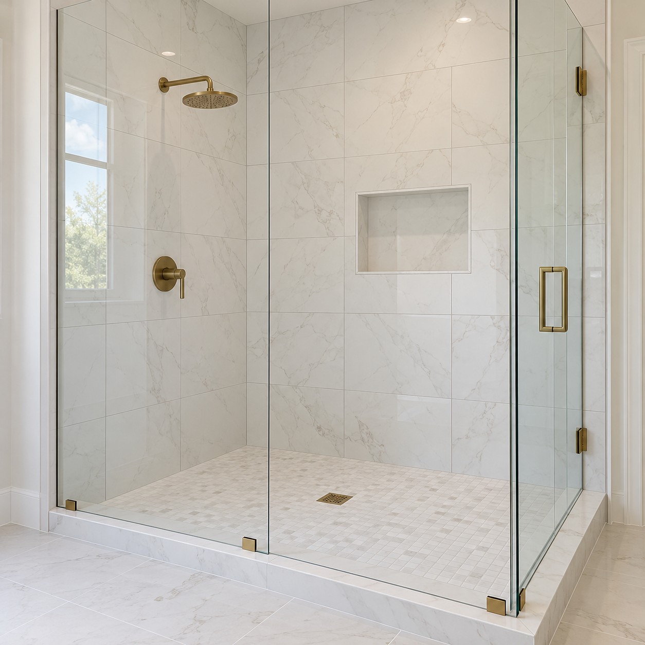 Freshly finished white tile walk-in shower design concept